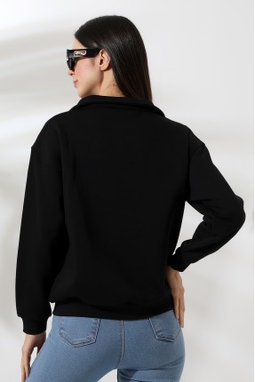 Şardonlu Baskılı Polo Yaka Oversize Sweatshirt 21624 SİYAH