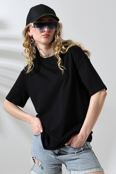 Oversize Bisiklet Yaka %100 Pamuk Penye Kompakt Basic T-Shirt 21752 SİYAH