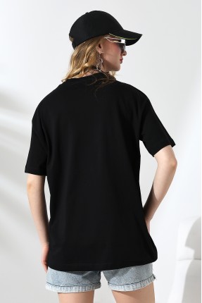 Oversize Bisiklet Yaka %100 Pamuk Penye Kompakt Basic T-Shirt 21752 SİYAH