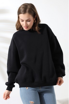 Şardonlu Omuz Detaylı Bisiklet Yaka Oversize Sweatshirt 21616 SİYAH