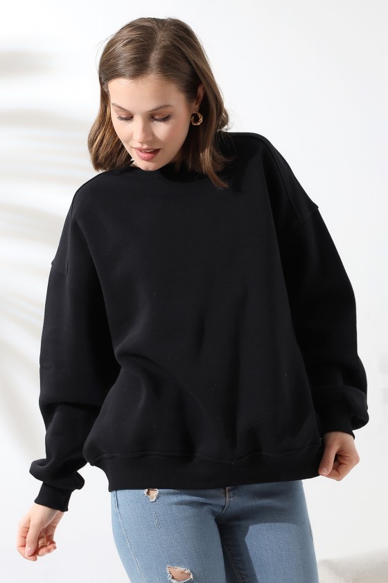 Şardonlu Omuz Detaylı Bisiklet Yaka Oversize Sweatshirt 21616 SİYAH