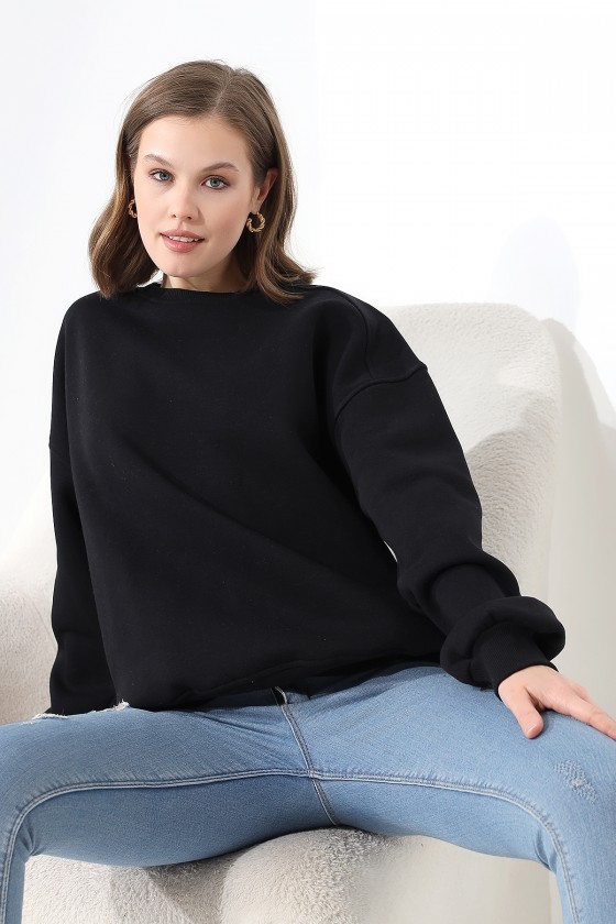 Şardonlu Omuz Detaylı Bisiklet Yaka Oversize Sweatshirt 21616 SİYAH