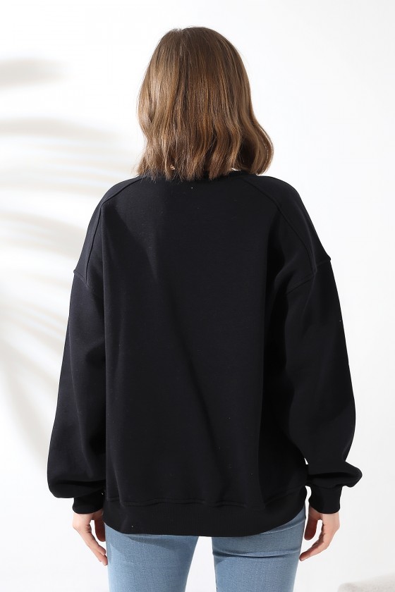 Şardonlu Omuz Detaylı Bisiklet Yaka Oversize Sweatshirt 21616 SİYAH