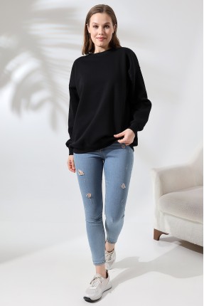 Şardonlu Bisiklet Yaka Oversize Sweatshirt 21620 SİYAH