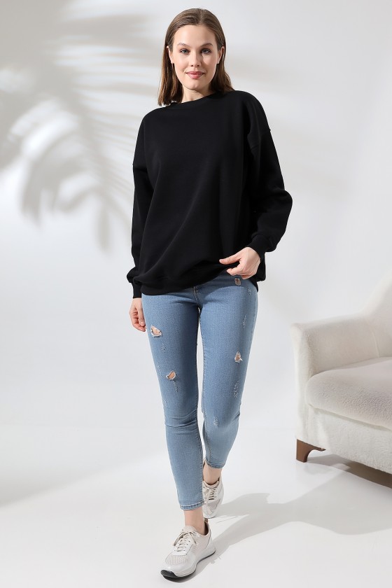 Şardonlu Bisiklet Yaka Oversize Sweatshirt 21620 SİYAH