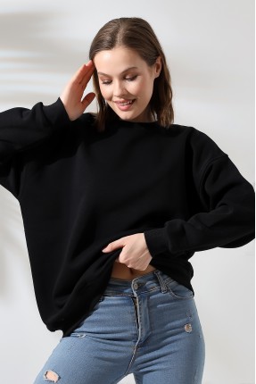 Şardonlu Bisiklet Yaka Oversize Sweatshirt 21620 SİYAH