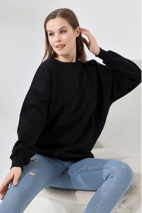 Şardonlu Bisiklet Yaka Oversize Sweatshirt 21620 SİYAH