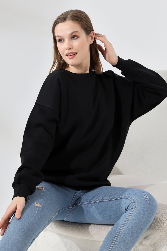 Şardonlu Bisiklet Yaka Oversize Sweatshirt 21620 SİYAH