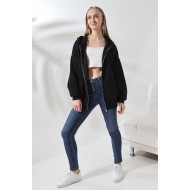Şardonlu Fermuarlı Kapüşonlu Oversize Sweatshirt 21618 SİYAH