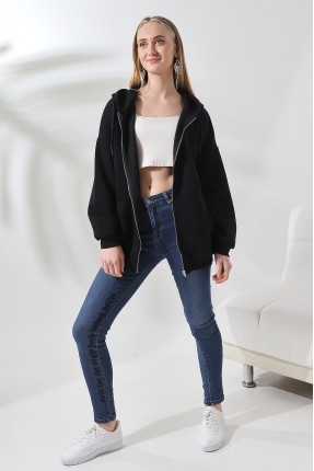 Şardonlu Fermuarlı Kapüşonlu Oversize Sweatshirt 21618 SİYAH