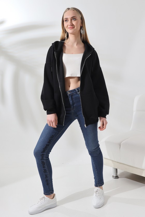 Şardonlu Fermuarlı Kapüşonlu Oversize Sweatshirt 21618 SİYAH