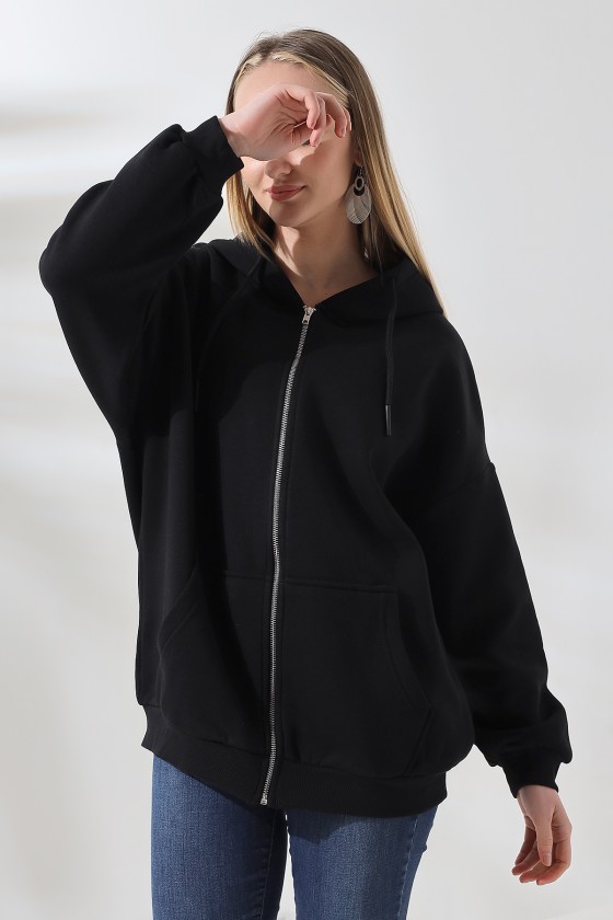 Şardonlu Fermuarlı Kapüşonlu Oversize Sweatshirt 21618 SİYAH