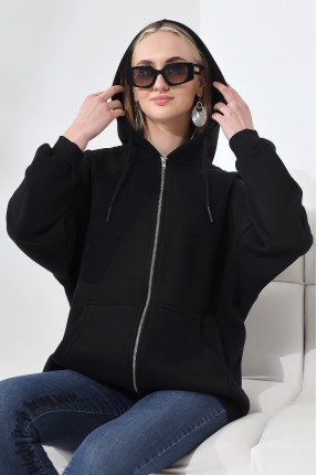 Şardonlu Fermuarlı Kapüşonlu Oversize Sweatshirt 21618 SİYAH