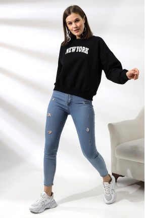 Baskılı Oversize Şardonlu Sweatshirt 21497 SİYAH