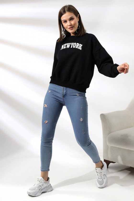 Baskılı Oversize Şardonlu Sweatshirt 21497 SİYAH