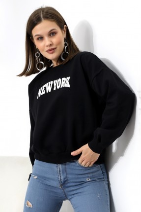 Baskılı Oversize Şardonlu Sweatshirt 21497 SİYAH