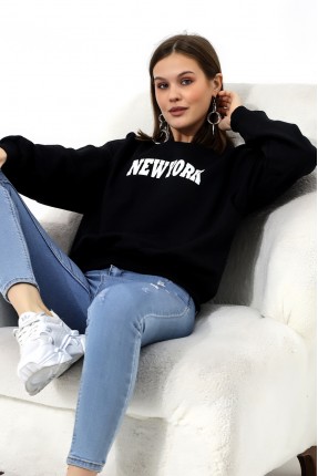 Baskılı Oversize Şardonlu Sweatshirt 21497 SİYAH