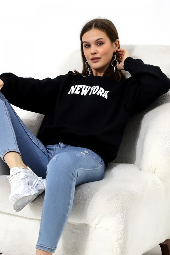 Baskılı Oversize Şardonlu Sweatshirt 21497 SİYAH