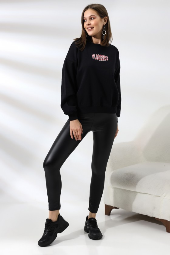 Baskılı Oversize Kalıp Şardonlu Sweatshirt 21503 SİYAH