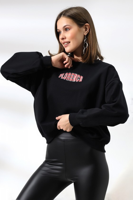 Baskılı Oversize Kalıp Şardonlu Sweatshirt 21503 SİYAH