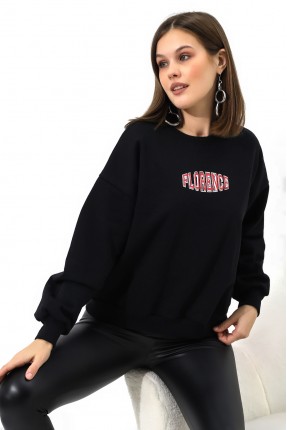 Baskılı Oversize Kalıp Şardonlu Sweatshirt 21503 SİYAH