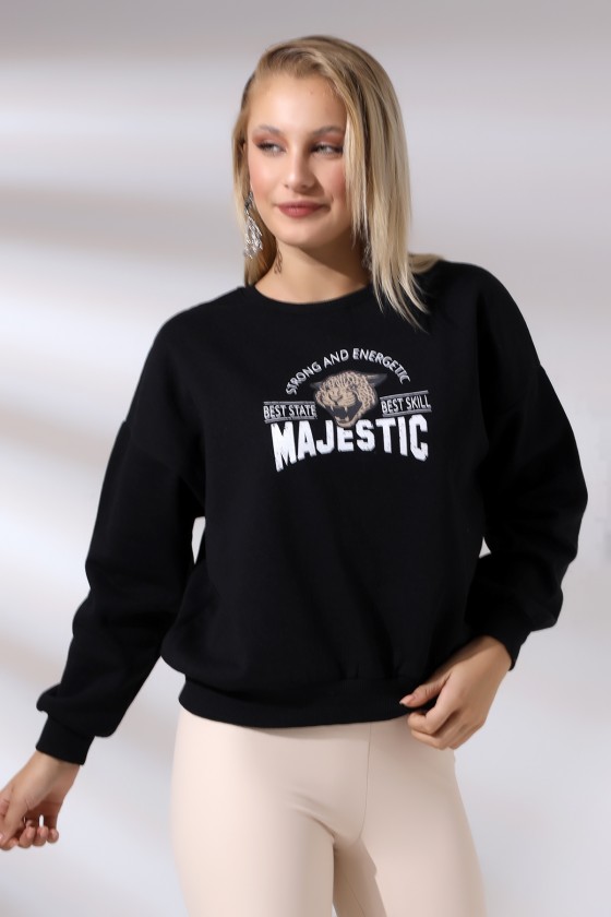 Baskılı Oversize Kalıp Şardonlu Sweatshirt 21501 SİYAH