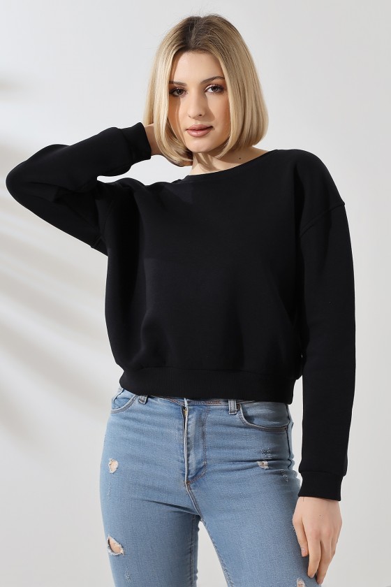 Şardonlu Oversize Bisiklet Yaka Geniş Kalıp Sweatshirt 21614 SİYAH