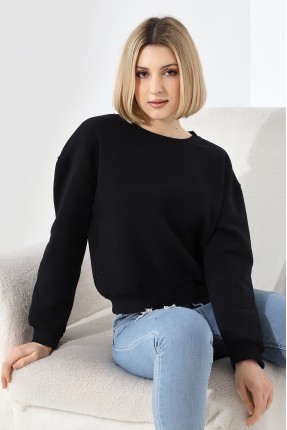 Şardonlu Oversize Bisiklet Yaka Geniş Kalıp Sweatshirt 21614 SİYAH