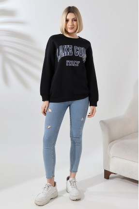 Şardonlu Baskılı Oversize Sweatshirt 21617 SİYAH