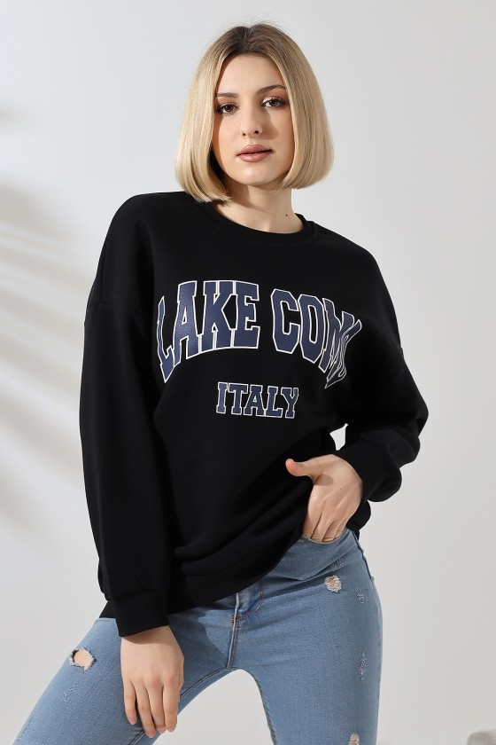 Şardonlu Baskılı Oversize Sweatshirt 21617 SİYAH