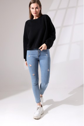 Şardonlu Reglan Kol Bisiklet Yaka Oversize Sweatshirt 21625 SİYAH