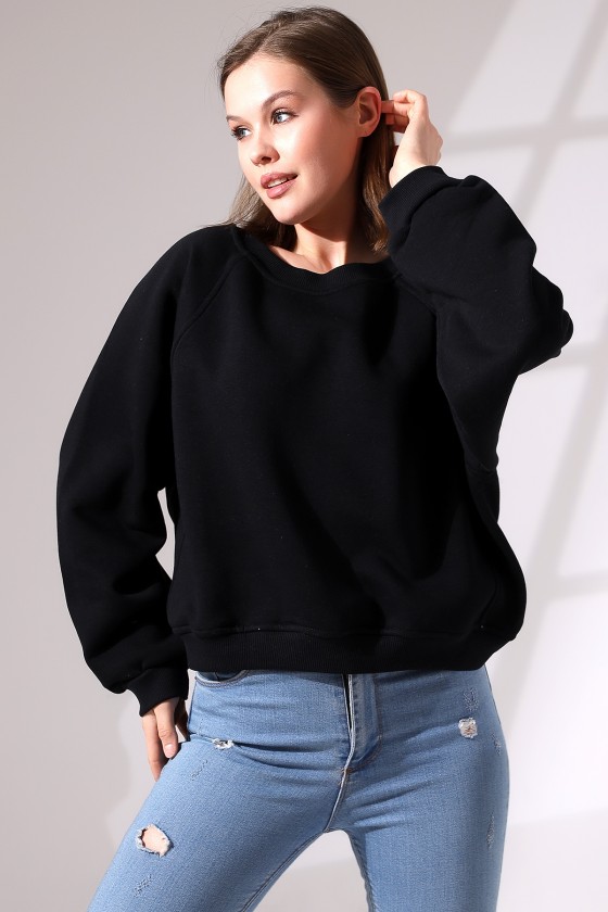 Şardonlu Reglan Kol Bisiklet Yaka Oversize Sweatshirt 21625 SİYAH