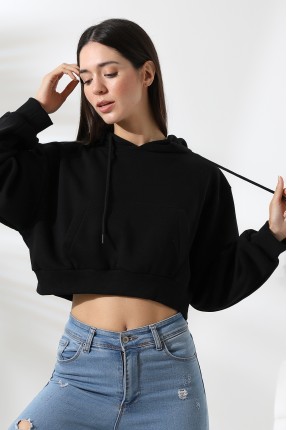 Kapüşonlu Şardonlu Crop Geniş Kalıp Sweatshirt 21653 SİYAH