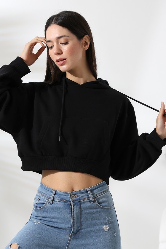 Kapüşonlu Şardonlu Crop Geniş Kalıp Sweatshirt 21653 SİYAH