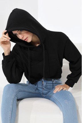 Kapüşonlu Şardonlu Crop Geniş Kalıp Sweatshirt 21653 SİYAH