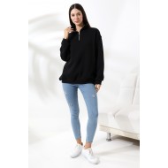 Şardonlu Yarım Fermuarlı Oversize Sweatshirt 21622 SİYAH