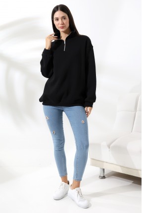 Şardonlu Yarım Fermuarlı Oversize Sweatshirt 21622 SİYAH