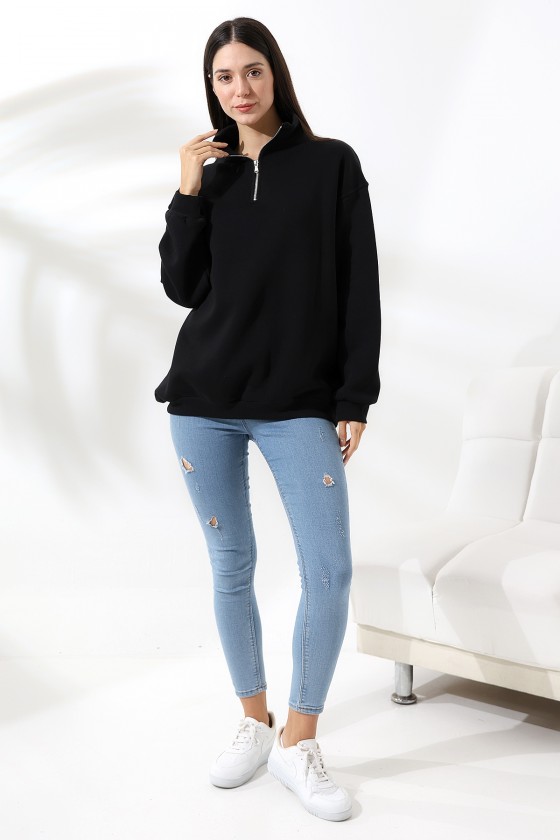 Şardonlu Yarım Fermuarlı Oversize Sweatshirt 21622 SİYAH