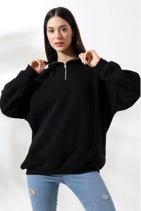 Şardonlu Yarım Fermuarlı Oversize Sweatshirt 21622 SİYAH