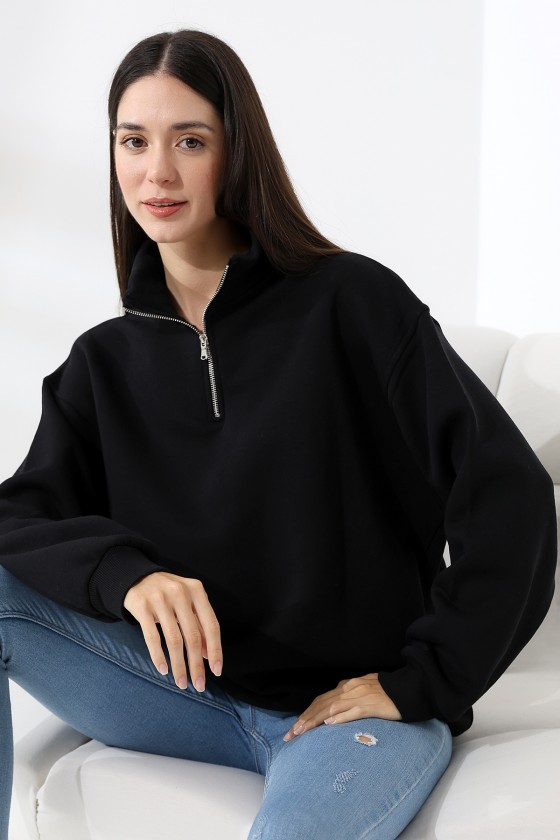 Şardonlu Yarım Fermuarlı Oversize Sweatshirt 21622 SİYAH