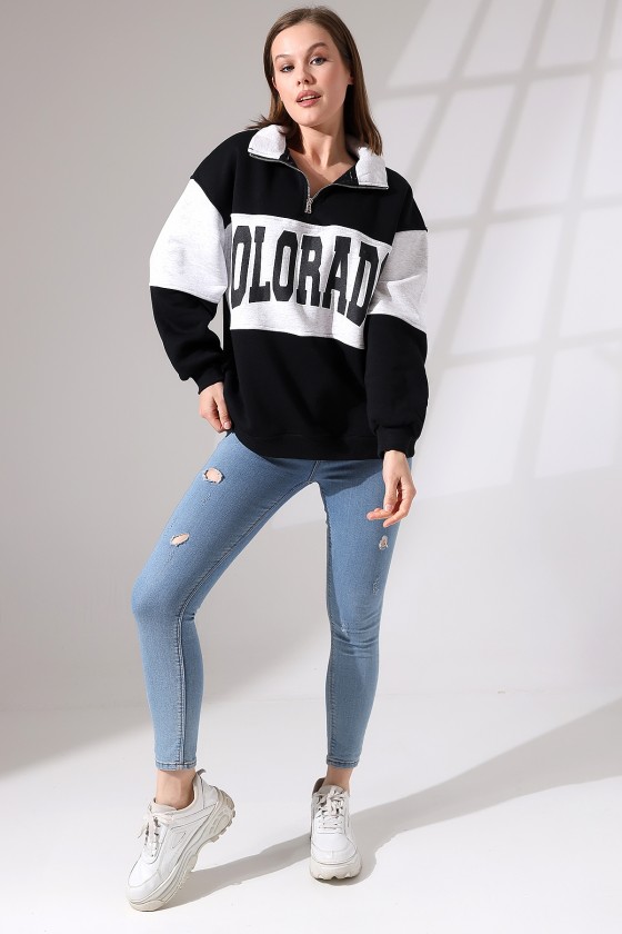 Şardonlu Garnili Baskılı Yarım Fermuarlı Oversize Sweatshirt 21623 SİYAH