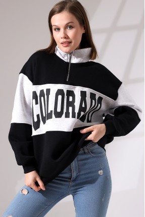 Şardonlu Garnili Baskılı Yarım Fermuarlı Oversize Sweatshirt 21623 SİYAH