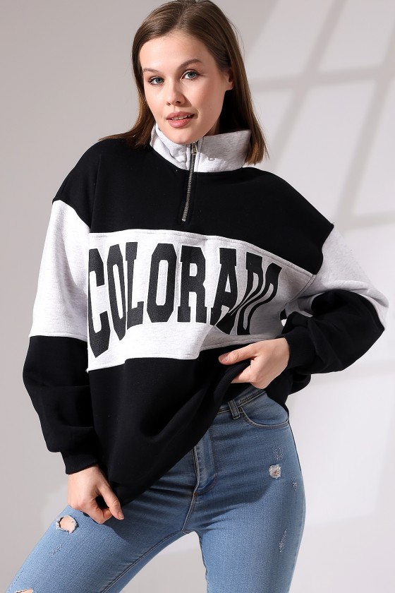 Şardonlu Garnili Baskılı Yarım Fermuarlı Oversize Sweatshirt 21623 SİYAH