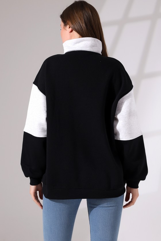 Şardonlu Garnili Baskılı Yarım Fermuarlı Oversize Sweatshirt 21623 SİYAH