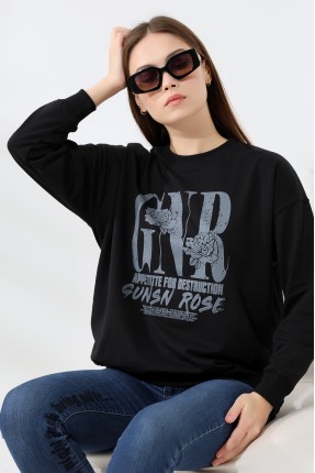 Baskılı Oversize Sweatshirt 21648 SİYAH