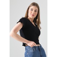 %100 Pamuk V Yaka Büzgülü Detay Basic Kadın T-Shirt 21810 SİYAH