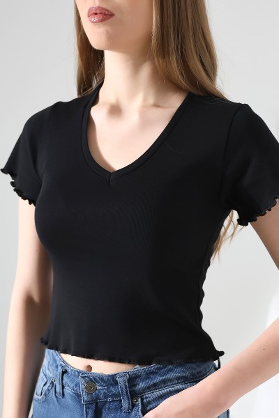 %100 Pamuk V Yaka Büzgülü Detay Basic Kadın T-Shirt 21810 SİYAH