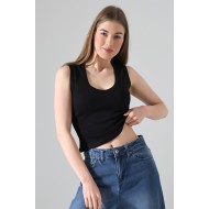 %100 Pamuk Vücudu Saran Kalın Askılı Derin V Yaka Kadın Basic Atlet 21899 SİYAH