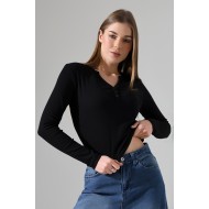 Düğmeli V Yaka Uzun Kollu Pamuklu Basic Kadın T-Shirt 21926 SİYAH