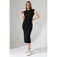 Arkası Yırtmaçlı Fitilli Kumaş Elbise 21908 SİYAH